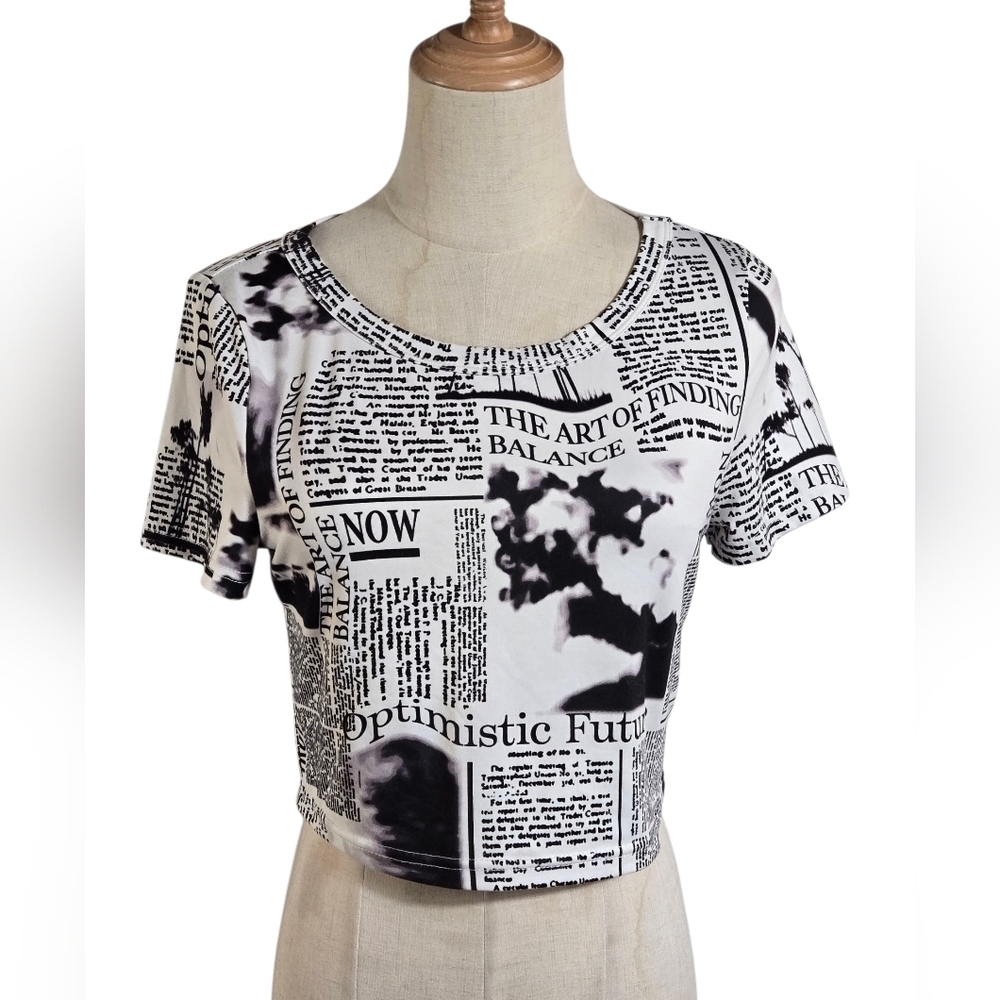 Newspaper Print Black And White Crop Top